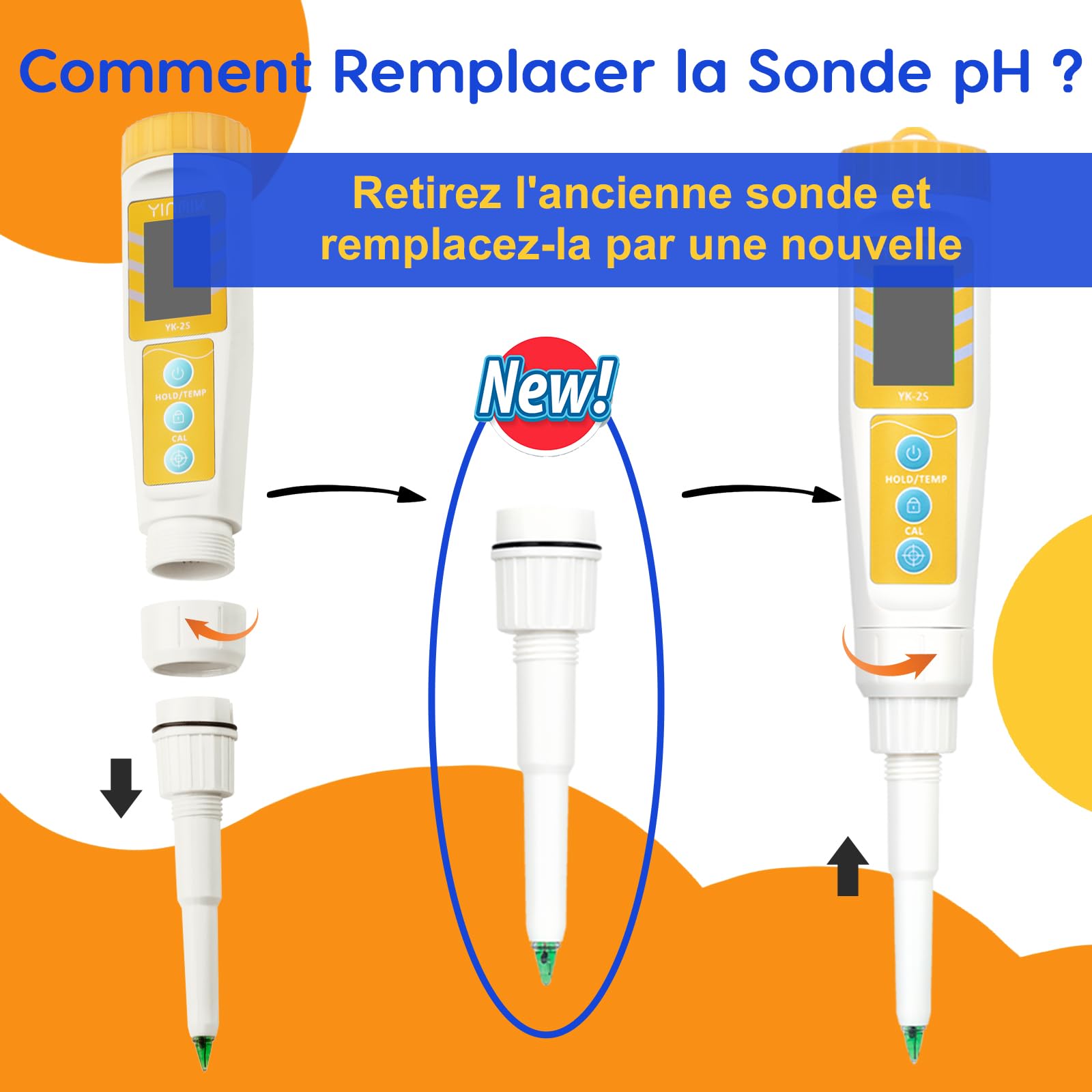 YINMIK Électrode de pH Remplaçable pour pH-Mètre YK-2S, Sonde pH pour Testeur de pH