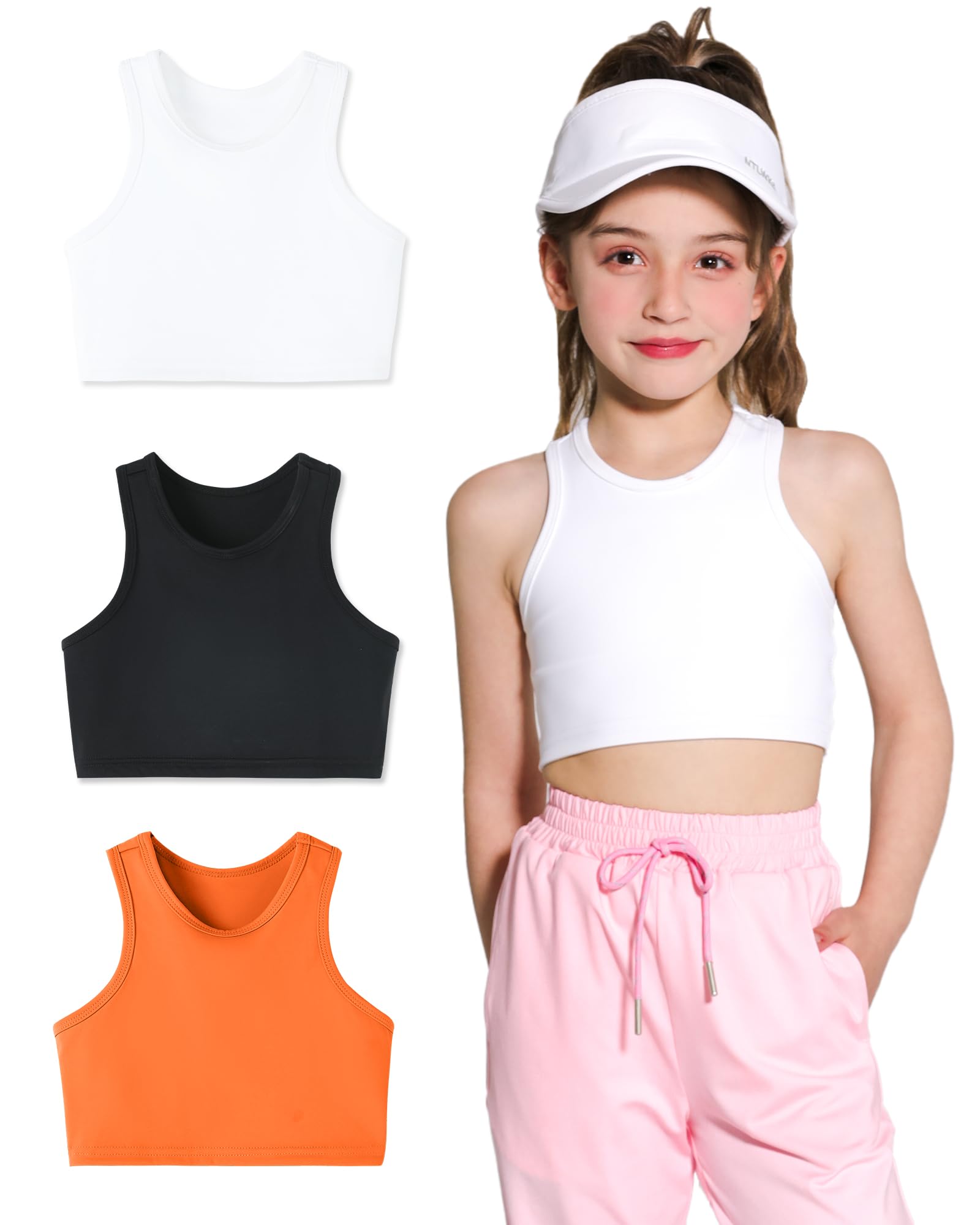 Girls Sports Bra Racerback Crop Tank Top for Kids High Neck Sleeveless Athletic Dance Top Teen 3-12Y