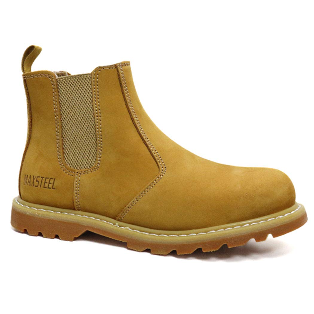 Max SteelMens MAXSTEEL Slip ON Chelsea Dealer Safety Boots Work Boots Shoes Steel Toe Cap Sizes (Tan, Numeric_14)