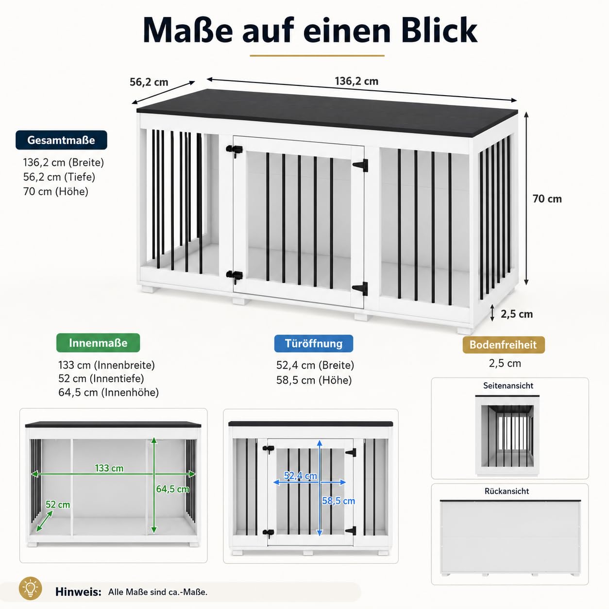 Hundekäfig, Hundekäfig, Möbel, Hundehütte für Zuhause, Hundehaus für drinnen, Hundebox mit Tür Hundekissen, für große mittelgroße kleine Hunde, MDF + Eisen, 136 x 70 x 56 cm, weiß