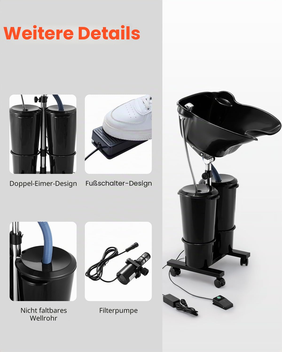 VEVOR Friseur Waschbecken, Haarwaschwanne mit elektrischer Pumpe, inkl. 2 Eimern, 2 Duschköpfen, Ablaufschlauch, höhen- und winkelverstellbarer Rückwärtswaschbecken für Friseursalon, schwarz
