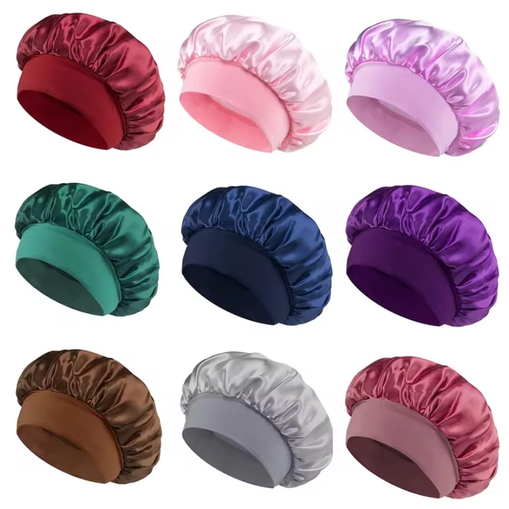 Cuffia Seta Capelli Notte,Cuffia Capelli Ricci Not Cuffia for capelli da donna in raso for la cura dei capelli durante il sonno, cuffie in seta, cappello da notte a tesa larga con elastico morbido(12P