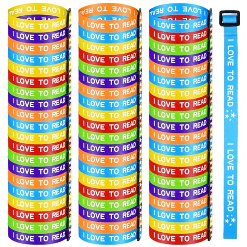 Landical 60 Pcs I Love to Read Wristbands Adjustable Webbing Bracelets Colorful Motivational I Love to Read Bracelets for School Book Lover Gifts Classroom Rewards Reading Prizes Teacher Award