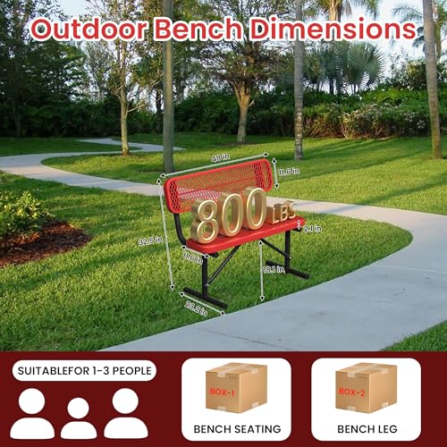 Image of 4ft Metal Park Bench with Back, Red Heavy-Duty Steel Outdoor Bench Dock Bench Weatherproof Long Bench Seats, Commercial Garden Benches for Lawn, Park, Deck, Garden, Patio, Porch, Easy Installation