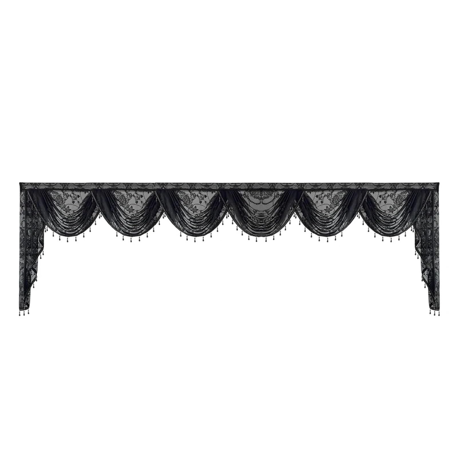 MFESFCS Swags For Windows Black Lace Sheer Flower Valance Curtain Beaded Wavy Waterfall Scallop For Living Room Rod Pocket Top Window Drape(1PC W350cm-6swags)