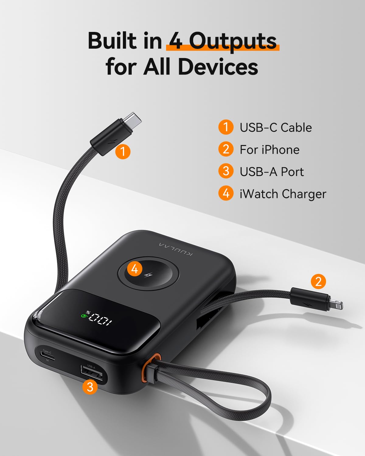 Kuulaa Portable Charger with Built-in Cables 22.5W Fast Charging Power Bank 10000mAh Compact Portable Charger with LCD Display, Portable Apple Watch Charger, Compatible with iPhone, Samsung, and More