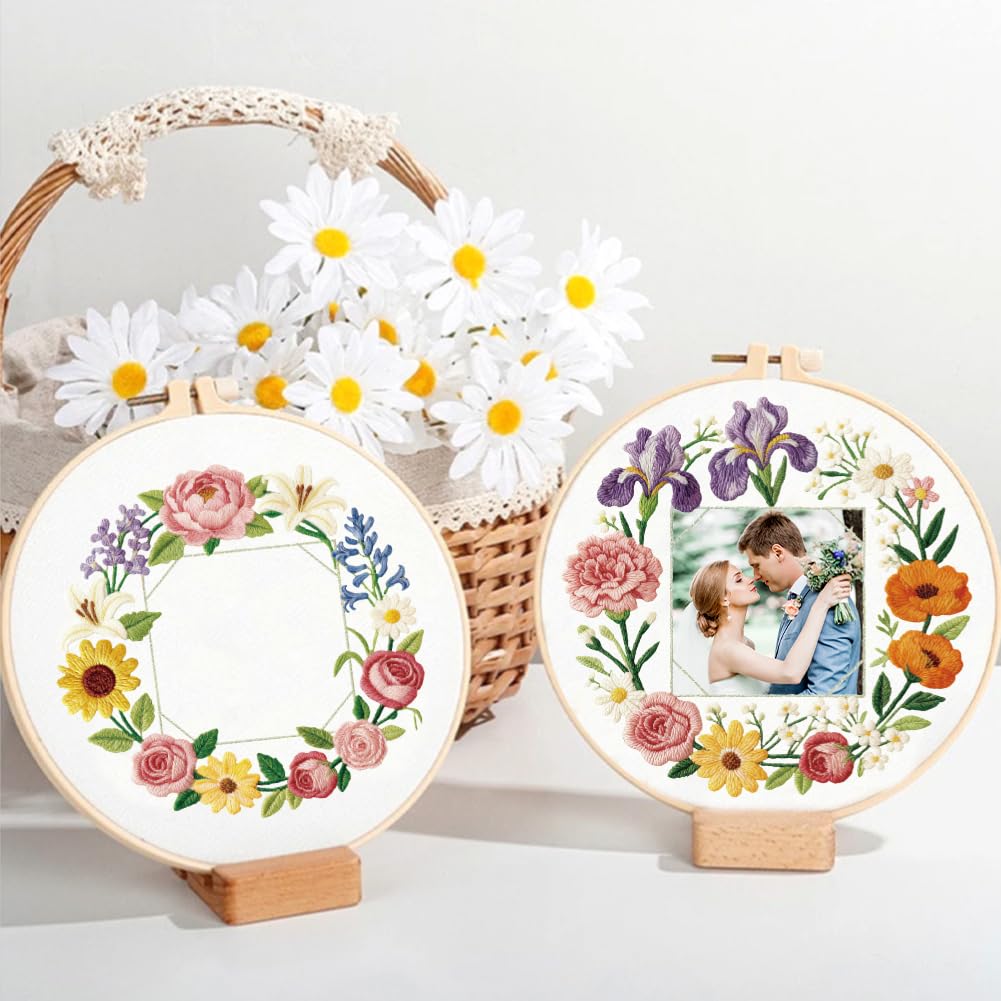 ORIGACH Paquete de 4 kits de bordado de marco floral para principiantes, kit de bordado a mano con patrones de corona floral e instrucciones para adultos y mujeres