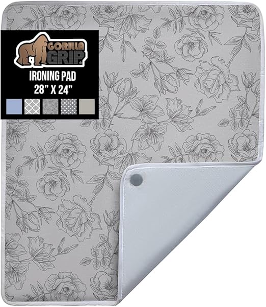 GORILLA GRIP Ironing Mat, Portable Iron Pad, Magnetic Cover and Padding for Top of Washer, Dryer, Tabletop, Countertop, Silicone Coating and Scorch Resistant, Travel Size 28x24, Gray Floral