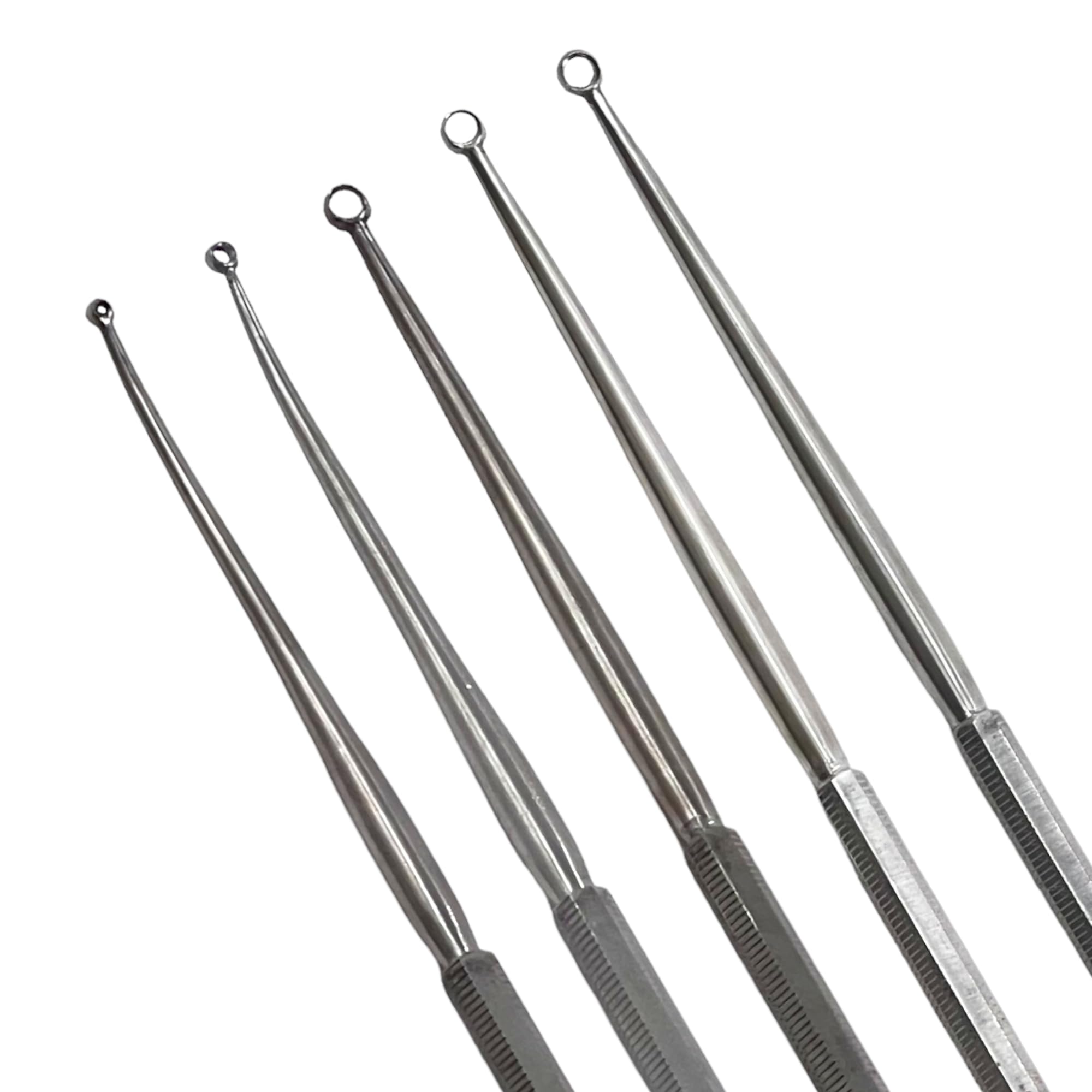 Ear Buck Curette Set of 5 Pieces - Ear Wax Removal Pick, Blunt, Curved with Loop Tips - German Stainless Steel