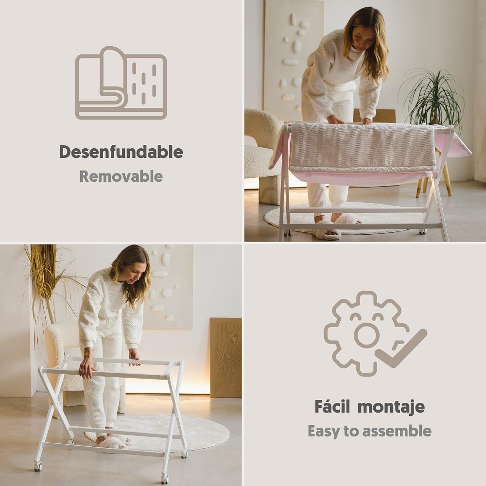 Interbaby - Minicuna Plegable Tijera modelo Bear Sleeping - Estructura de madera con Vestidura (Colcha y Almohada Desenfundable) con Colchón.
