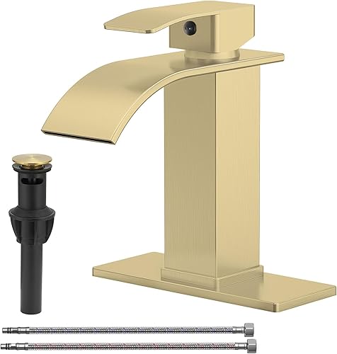 Grifo de lavabo de baño de oro cepillado, cascada, de un solo agujero, tocador moderno con desagüe desplegable con desbordamiento de 1 o 3 agujeros,