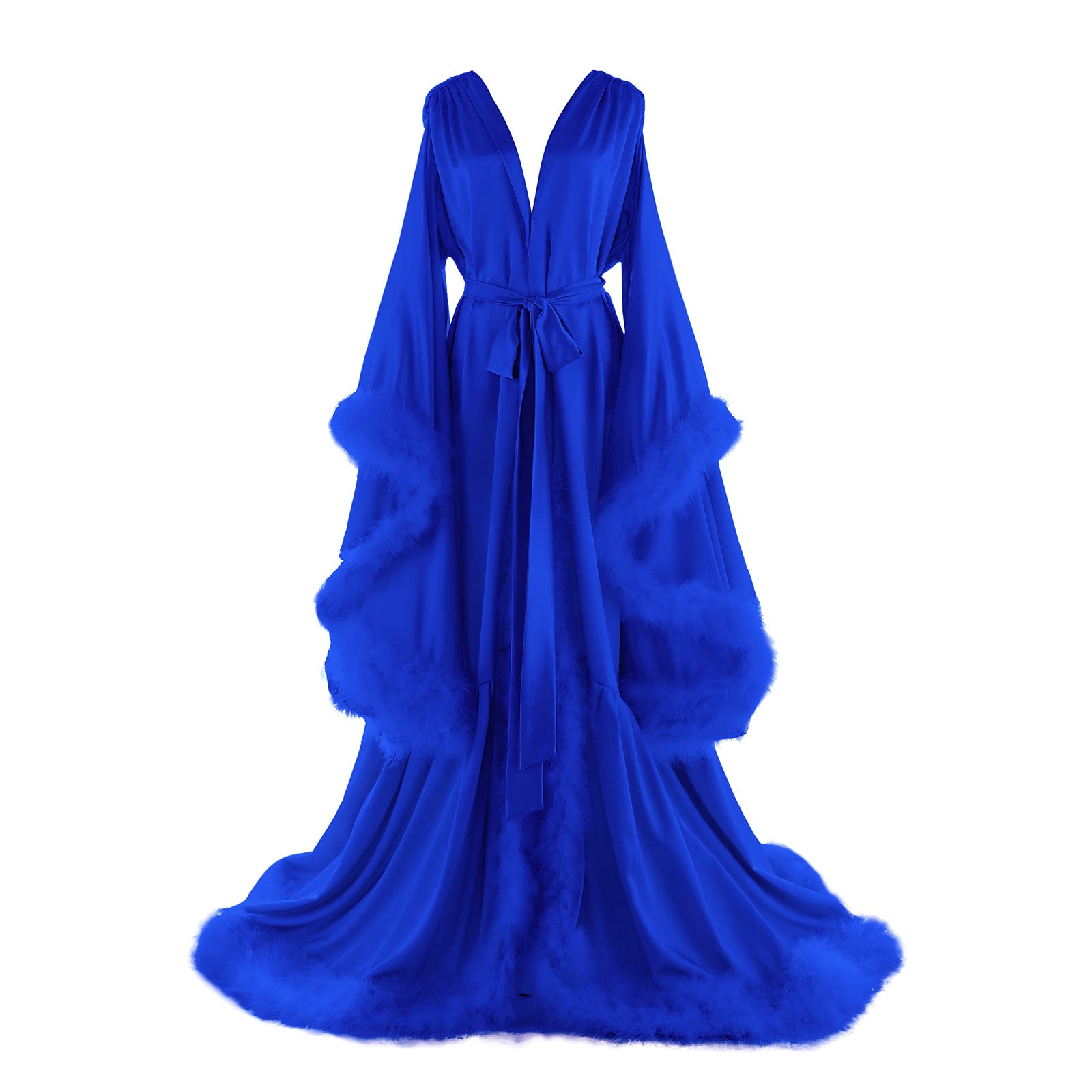 Daily Life Mall Women's Feather Bridal Robes Old Hollywood Maternity Photoshoot Nightgown Silk Bathrobe Long Lingerie: Small Z2-royal Blue