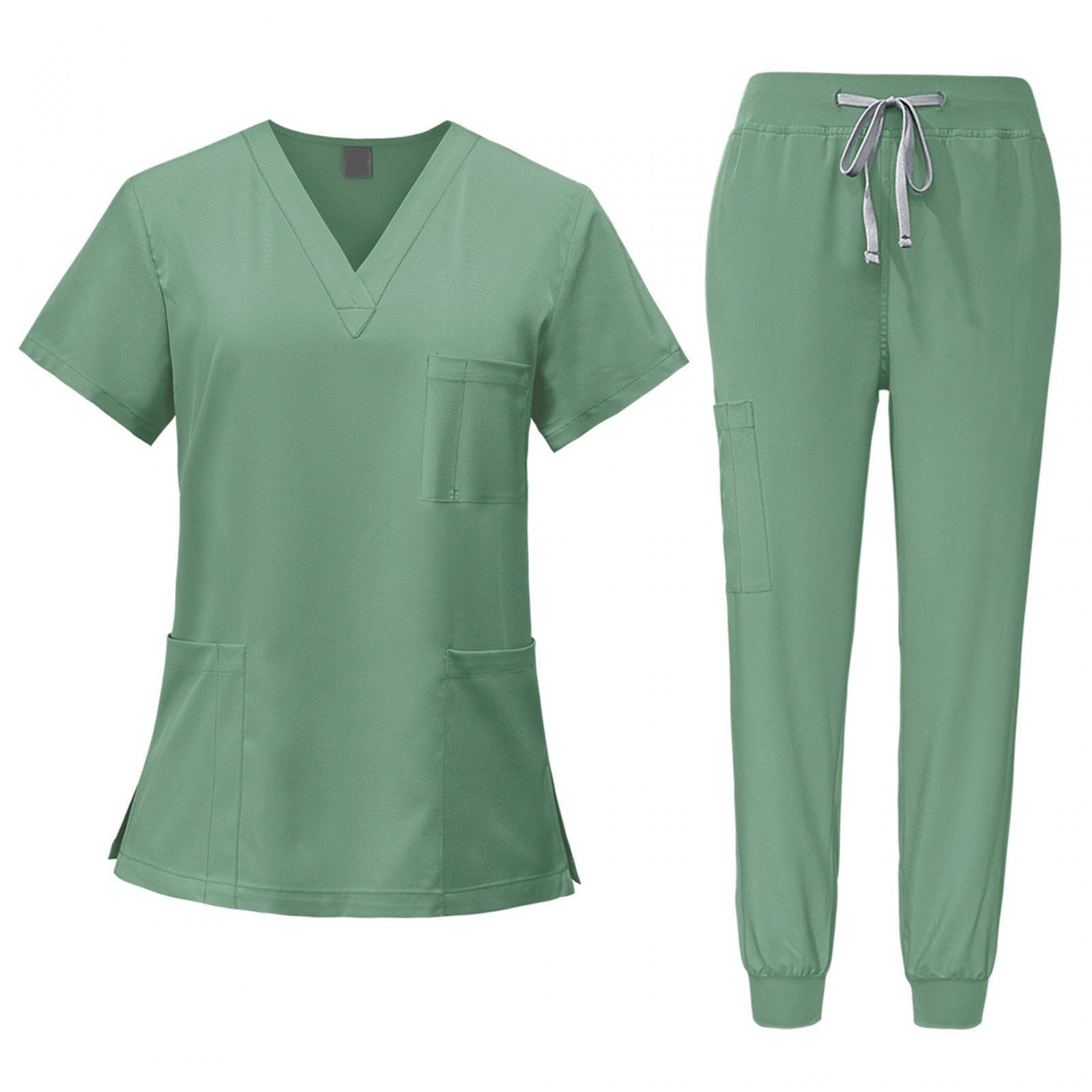 Fancyes Female Scrub Set Nurse Workwear V Neckline Professional Machine Washable Top and Joggers Pant Work Clothing for Beauty Center, Green, L