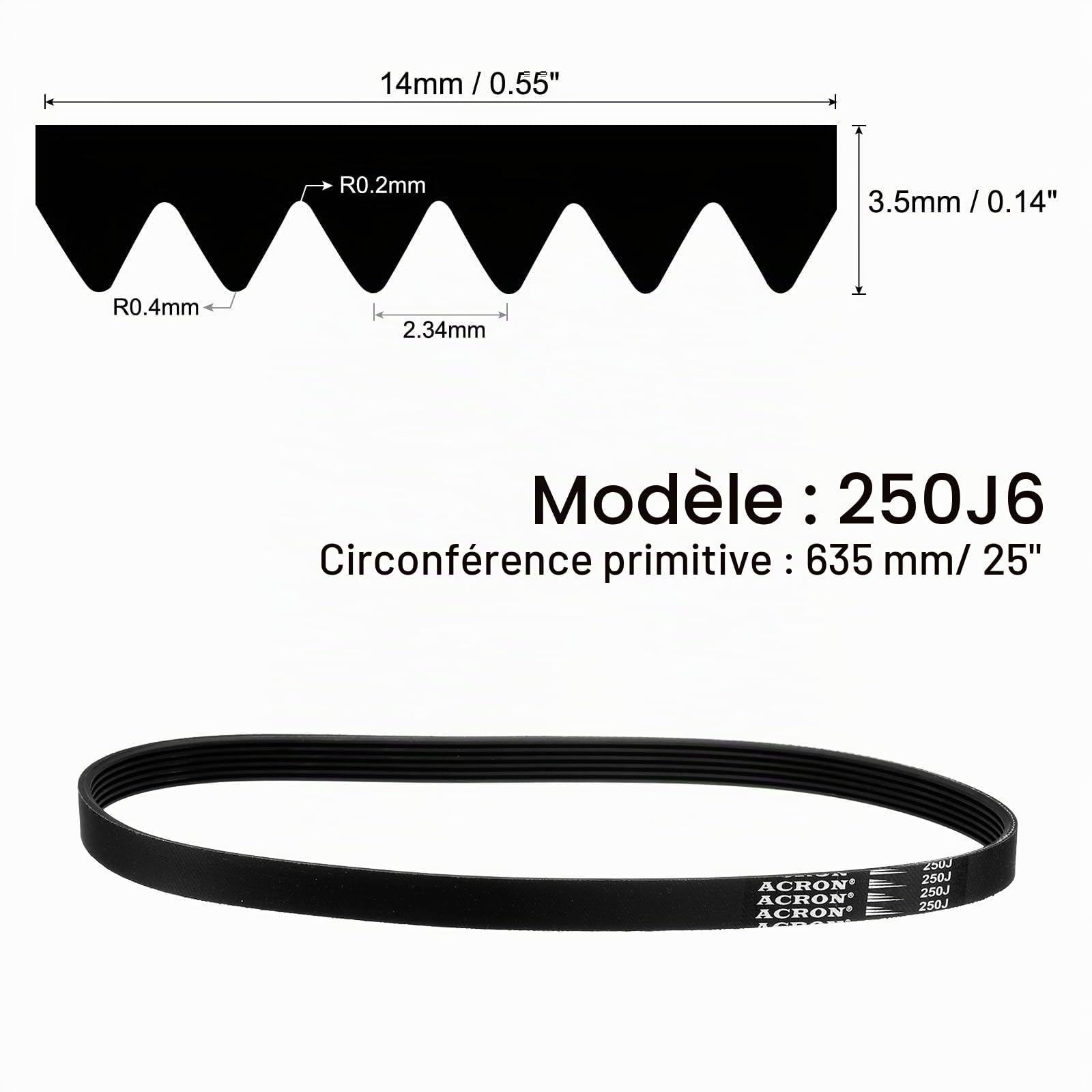 QUARKZMAN 2Pcs 250J6 Pj Courroie Striée à 6 Nervures de 25" de Longueur x 0,55" de Largeur x 0,14" de Hauteur, Courroie Poly V en Caoutchouc EPDM, Courroie Micro V à Plusieurs Gorges