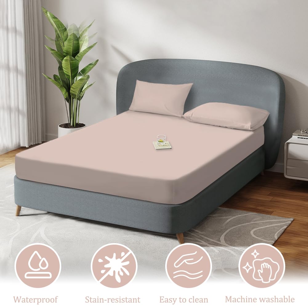 DUJUIKE Coprimaterasso Impermeabile, Lenzuolo Con Angoli Impermeabile, Tasca Profonda, Adatto Per Materassi Da 20-40 Cm, Adatto Per Gatti, Cani, Bambini, Ipoallergenico(Cammello,150x200cm)