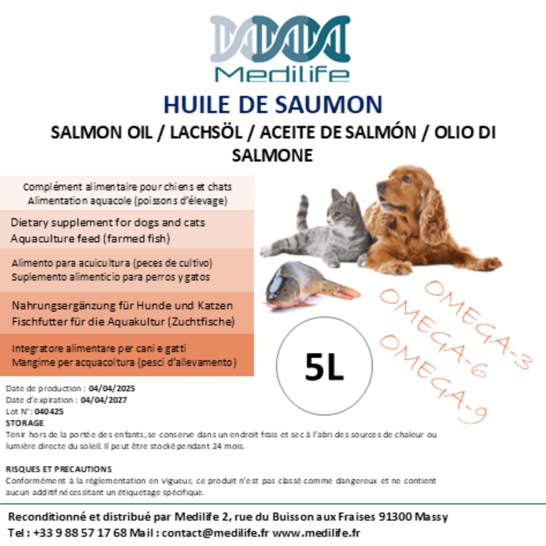 5L Huile de Saumon 100% Naturelle pour Chiens, Chats et Chevaux, Riche en Oméga 3-6-9 et Vitamines