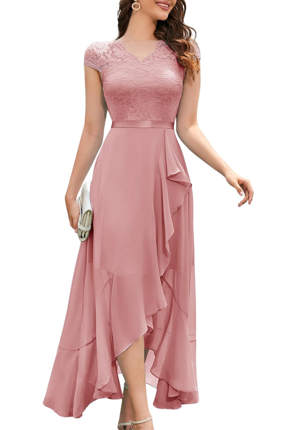 Women's V-Neck Dress for Women Wedding Guest Hi-Lo Floral Lace Prom Cocktail Party Formal Bridesmaid Dress