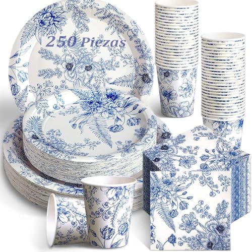 La Mejor Lista de Vajillas desechables del mes. 44 Cubiertos Fiesta Elegantes de 250 Piezas, Elegante Juego de Platos de Cartón Para Pastel con Flores Vintage, Ideal para Bodas, Fiestas de Cumpleaños, Cenas, Calidad Duradera