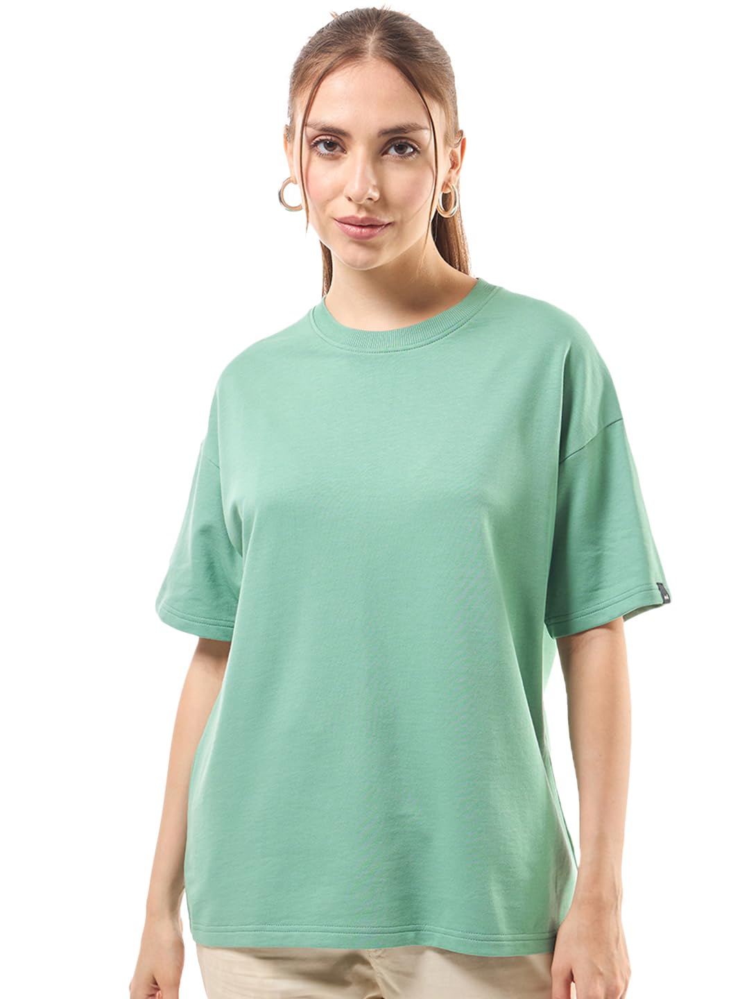 Women's Solid Oversized Fit Half Sleeve Round Neck Cotton Blend T-Shirt-image-8
