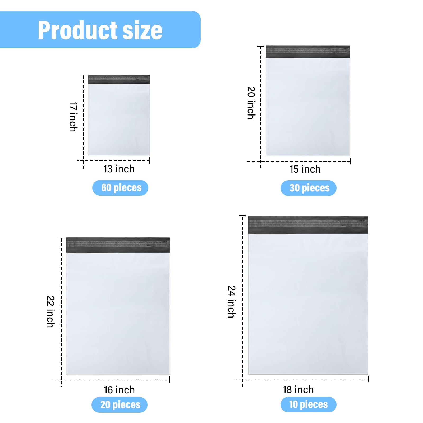Outus Lot de 120 enveloppes d'expédition en polyéthylène - 4 tailles assorties - Enveloppes indéchirables - Durabilité améliorée - Articles polyvalents (33 x 43,2 cm, 38,1 x 50,8 cm, 40,6 x 55,9 cm,