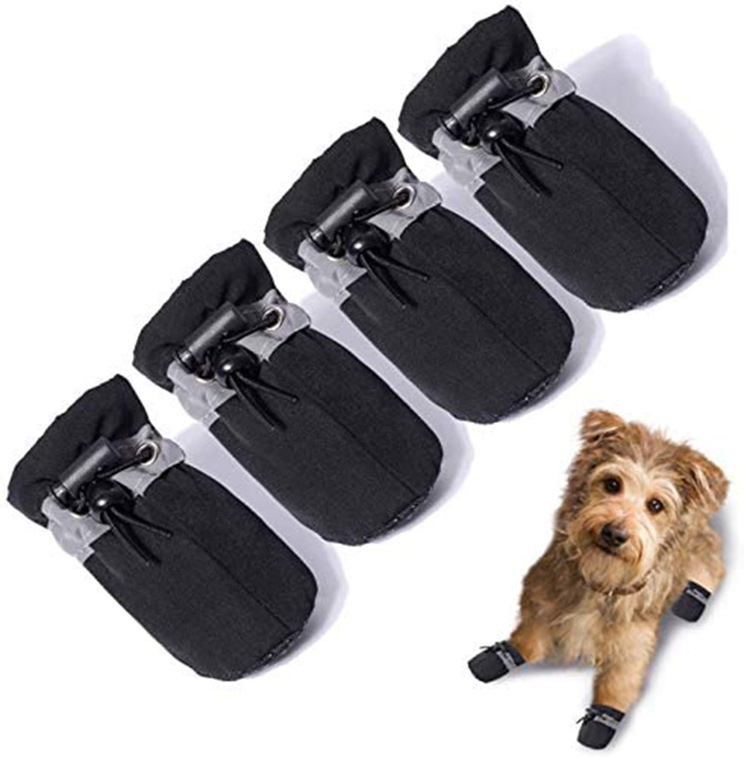 DELFINO Light Duty Water Resistant Dog Boots - Winter Shoes With Reflective Straps, Anti-Slip Sole, Breathable Outdoor Paw Protection for Small, Medium and Large Dogs (4 Pcs - Black)