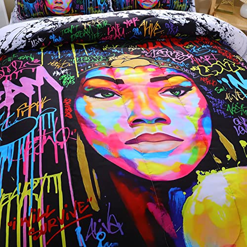 African American Black Girl Comforter Set For Kids And Teens, Queen Size Colorfull Graffiti Style African Themed Bedding Comforter With 2 Afro Hair Magic Girls Pillowcases- 90" X 90" #TOP4
