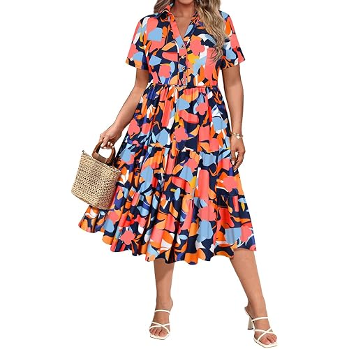 CARCOS Plus Size Dresses for Curvy Women Collared Vneck Short Sleeve Dresses Midi Summer Ruffle Dress with Pocket XL-5XL