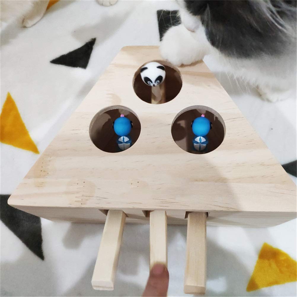 MU Gato Caza Juguete Chase Ratón Sólido Madera Interactiva Laberinto Mascota Hamster con 3/5-Holed Mouse Agujero Captura Mordedura Catnip Divertido Juguete,5 Hoyos