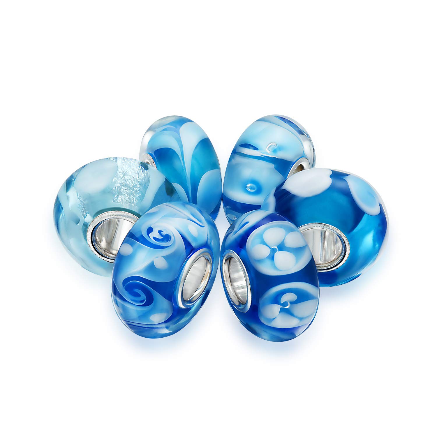Bling Jewelry Set Misto Di Perline Di Charm Vortice In Argento 925, Nucleo Traslucido Di Sfumature Di Bianco Blu Floreale Di Murano, Distanziatore Per Braccialetto Europeo Per Donne Adolescenti