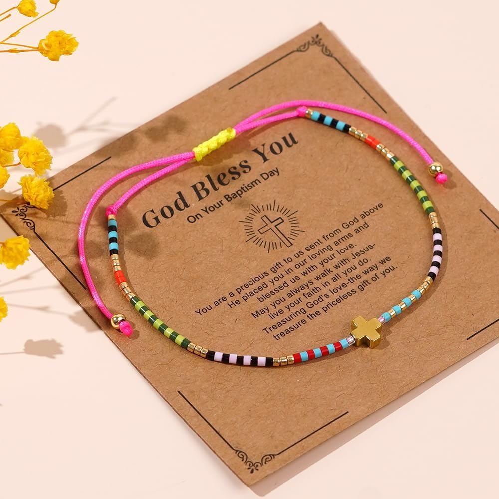 Gold Cross Seed Beaded Bracelets for Women, Boho Handmade Colorful Adjustable Strand Summer Beach Jewelry Gift. - Image 4