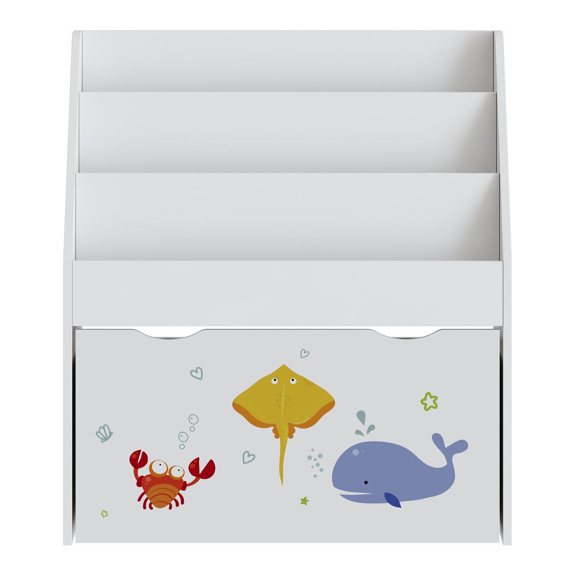 [en.casa] Étagère pour Enfants avec 3 Compartiments de Rangement Ouverts et 1 Tiroir sur roulettes Meuble de Stockage Coins Arrondis Panneau de Particules 70 x 63 x 30 cm Blanc Motif Aqua Dream