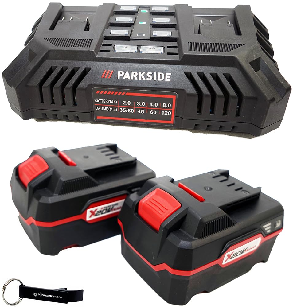 HEADNMORE® Bundle – Parkside® 20 V akumulator podwójna ładowarka PDSLG 20 + 2 x akumulator 4 Ah + breloczek do kluczy HEADNMORE®