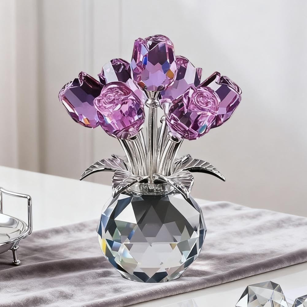 Crystal Rose Ornament,3D Multicolor Glass Flowers with Base,Artificial Crystal Flowers for Christmas Home Office Tabletop Centerpiece - Timeless Symbol of Love