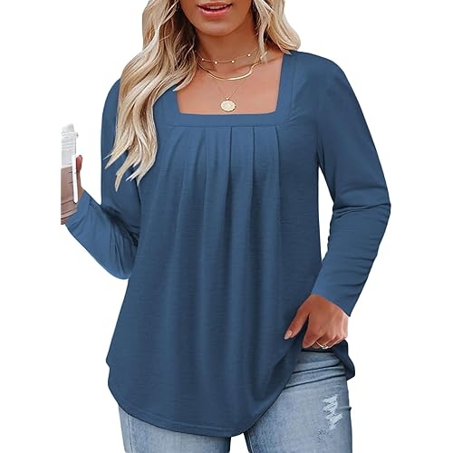 Womens-Plus-Size-Tops Dressy Pleated Square Neck Shirts Trendy Cute Long Sleeve Blouses Casual Loose Fit Tunics XL-5XL