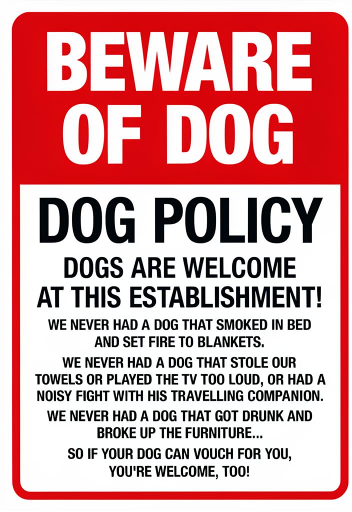 peiyeety Beware of Dog Tin Sign 12x8 Inch, Dog Policy Metal Wall Decor Plaque, Red and White Funny Warning Sign for Home, Front Door, Fence, Yard, Kennel, Pet Lovers Gift