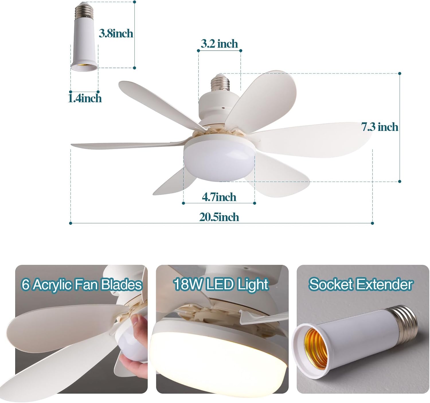 Socket Fan Ceiling Fan with Light and Remote,20.5" E26 Noiseless Ceiling Fans Dimmable Led Lights with 1 Pc Socket Extender,Small Light Bulb/Ceiling Fan for Bedroom, Kitchen, Living Room, Balcony