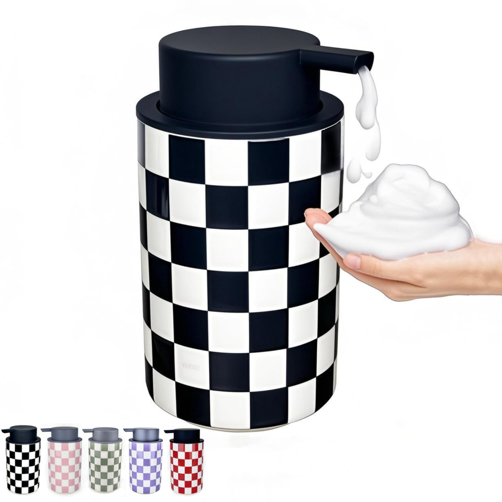 Foaming Soap Dispenser, Foam Hand Soap Dispenser for Bathroom Countertop, Modern Black and White Foamy Hand Soap Refills Bottle for Kitchen,Bathroom-Checkered Bathroom Decor