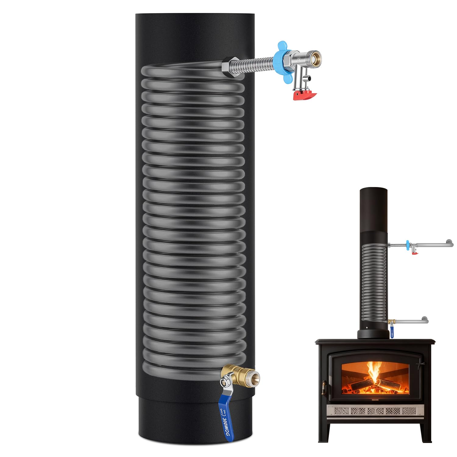 Tubo de chimenea de acero inoxidable con bobina de calefacción integrada, sistema de agua caliente, tubo de humo de 15 cm de diámetro, tubo de estufa, calefacción eficiente, tubo de chimenea