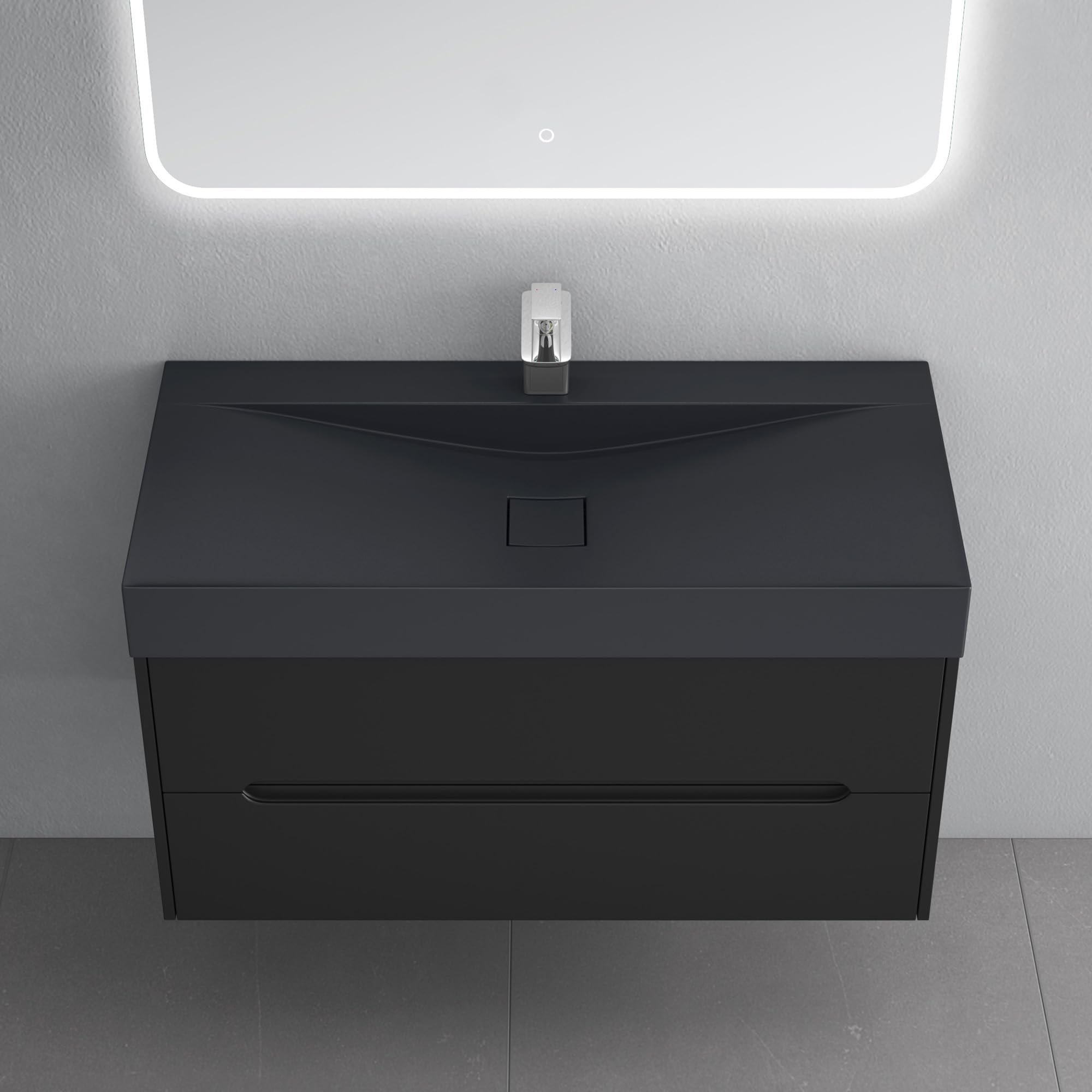 doporro Mobile Bagno Sospeso 100 cm con Lavabo in Marmoresina – Finitura Nero Opaco, Cassetti a Chiusura Rallentata, Serie Yoga