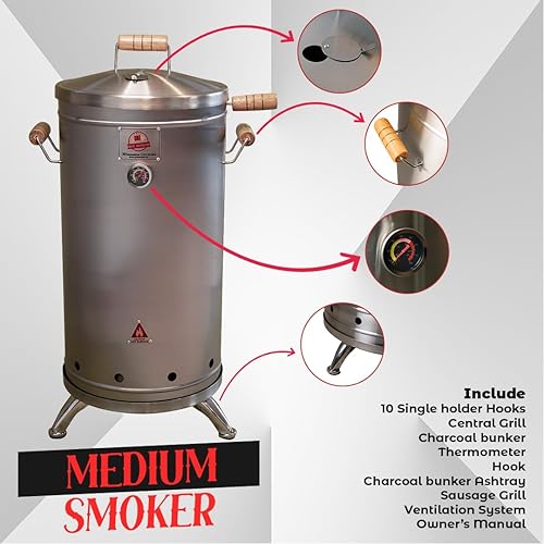 Miniatura 2 de Parrilla ahumadora de barril de acero inoxidable 304 premium 2 en 1 - Barbacoa vertical compacta de carbón con termómetro y sistema de ventilación -