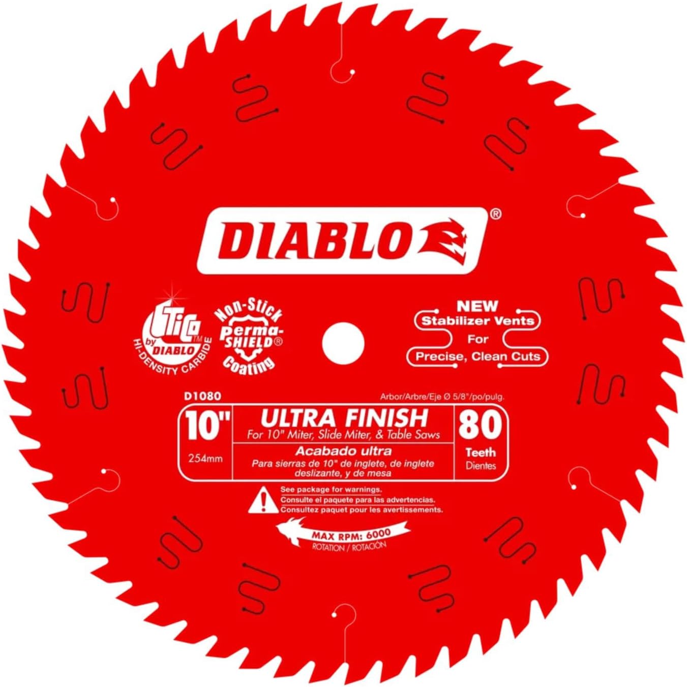 Diablo Ultra Finish Saw Blade for Wood - 10" Diameter, 80 Hi-ATB Teeth, 5/8" Arbor, .098" Kerf, 15-Degree Hook Angle, .071" Plate, 6000 Max RPM - D1080X