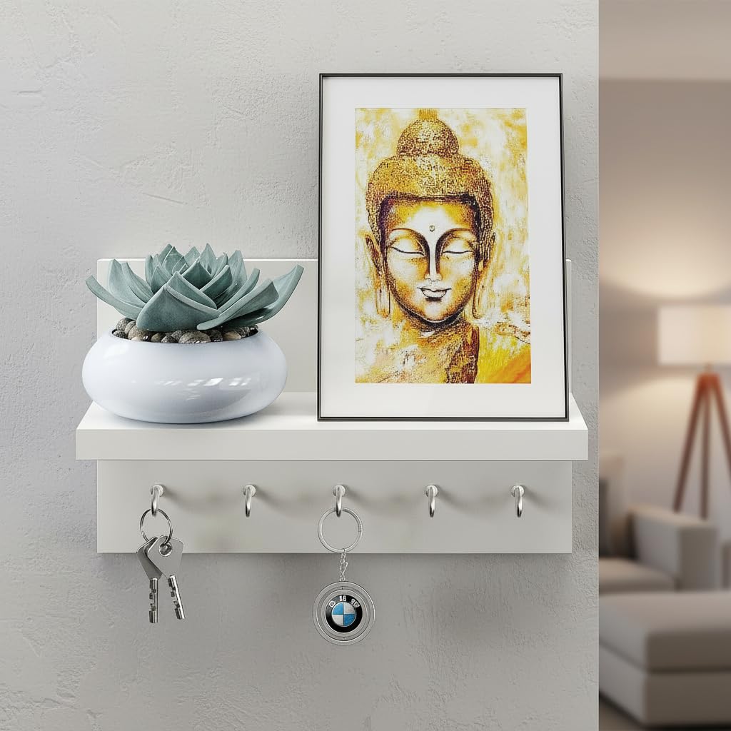 FURNEASER Krista Wooden Key Holder for Wall | Multipurpose Key Hanger & Organizer with Shelf | Wall Decor Key Rack with Hooks for Home, Office, Shop & Store | White Finish-image-6