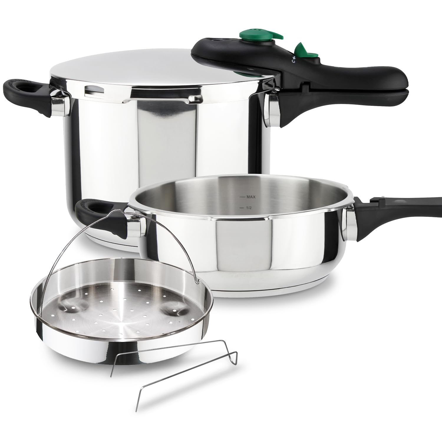 Magefesa DYNAMIC - Set Ollas Express Rápidas de 3L + 6L + Cestillo, Acero Inoxidable 18/10, Eficiencia Energética, Todo tipo de cocinas, Inducción