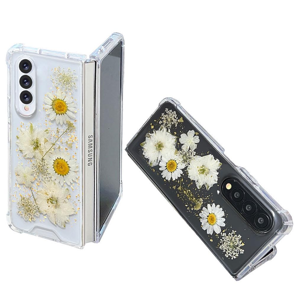 Abbery for Samsung Galaxy Z Fold 4 Case Slim Cute Kawaii Clear Daisy Floral Design Pressed Dried White Flower Sparkly Girly Protective Shockproof