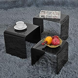 Storeinuk Set of 3 Nesting Tables Black Nest of Tables Tempered Glass Coffee Table Set End Side Tables Living Room Furniture - Black
