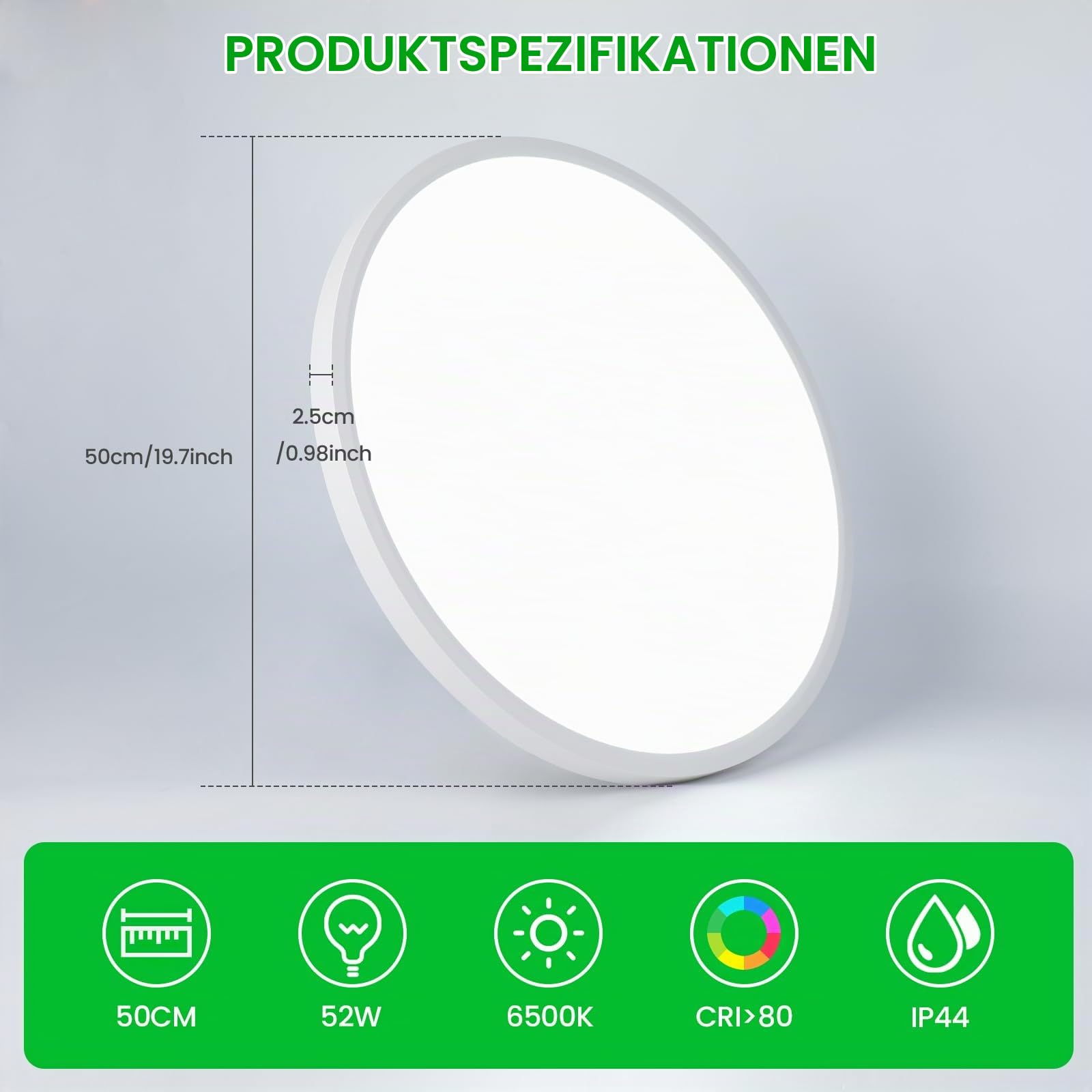 OTREN LED Deckenleuchte 52W, 50cm Rund, 5200LM Flach, 6500K Kaltweiß, IP44 Spritzwassergeschützt, Weiß, Moderne Deckenlampe für Wohnzimmer,Schlafzimmer,Küche& Badezimmer