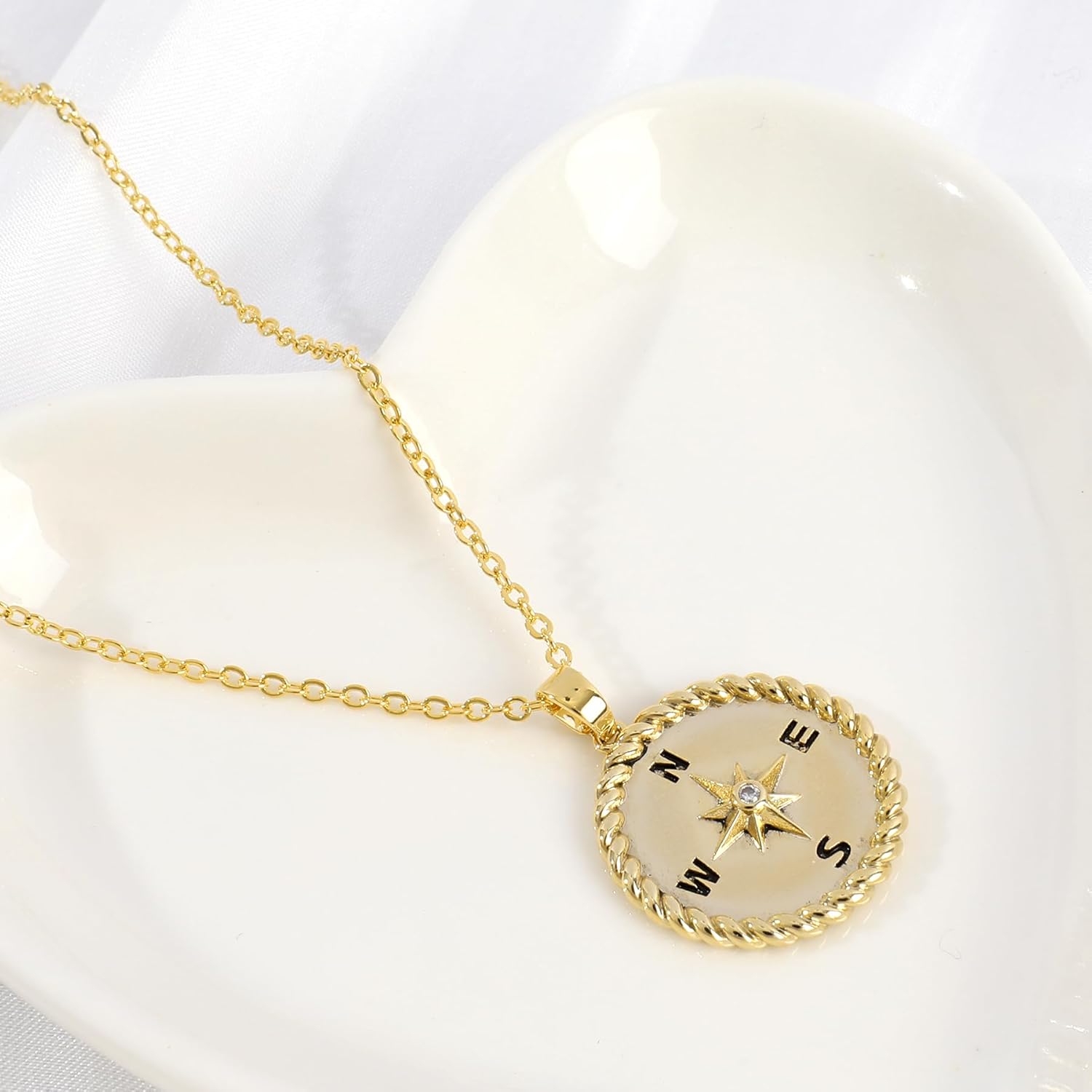 Gold Compass Pendant Necklace for Women Men 14K Gold Plated Compass Coin Necklace with Cubic Zirconia North Star Adjustable Chain Round Charm Travel Jewelry Inspirational Graduation Gift for Her - Image 7