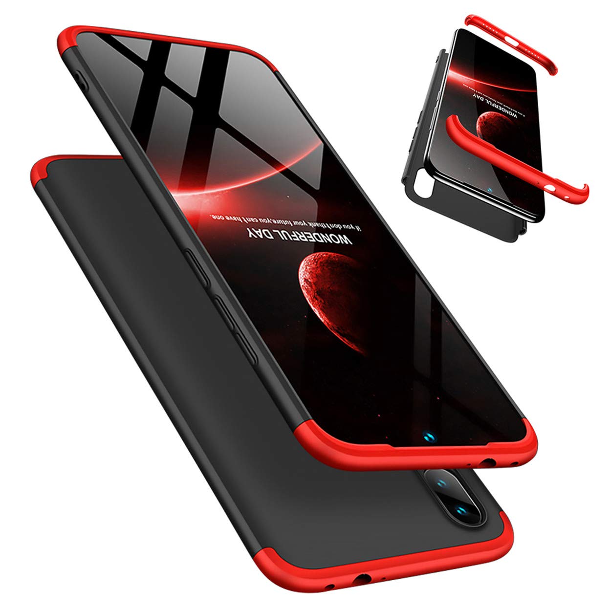 Xiaomi Redmi Note 7/Note 7 Pro Case, Laixin Protection 3 in 1 Slim Hard PC Cover with Screen Protector Shockproof Shell Full Body Protective Case Bumper (Red & Black)