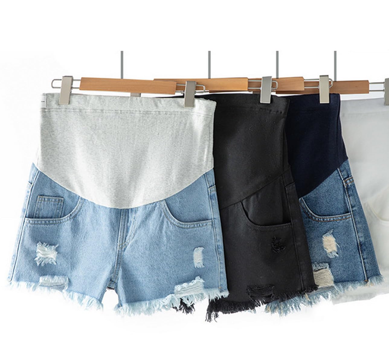 Pantaloncini di Jeans Premaman sopra la Pancia Gravidanza Denim Shorts, Strappato Pantaloncini di Jeans, Regolabile Cura Elastica Pancia Lounge Jeans Shorts Pantaloni
