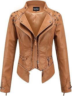 chouyatou Women's Fashion Studded Perfectly Shaping Faux Leather Biker Jacket